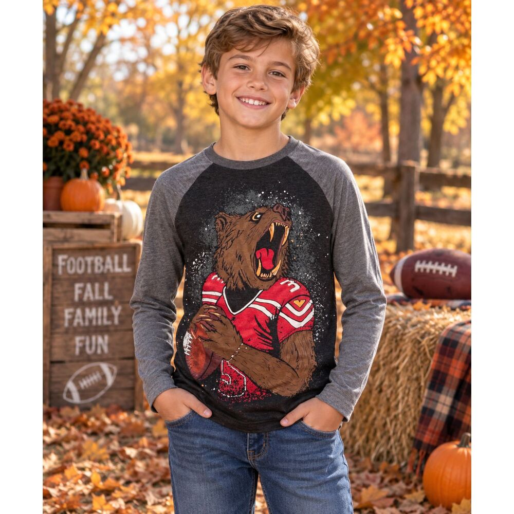 Cat & Jack Boys M 8/10 Bear Football Graphic Long Sleeve Raglan Shirt Gray #22